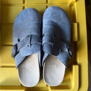 Gray Suede Buckle Clogs